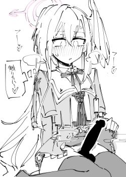 1girl bagaponchi blue_archive blush censored clothes_lift erection futanari hair_between_eyes halo head_wings heart highres lifting_own_clothes long_hair long_sleeves penis pink_halo shirt simple_background single_head_wing sitting skirt skirt_lift solo speech_bubble suzumi_(blue_archive) thighhighs thought_bubble translation_request white_background wings