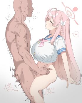 1boy 1girl ahoge blue_archive blush bottomless bow braid breasts closed_eyes clothed_female_nude_male clothed_sex commentary_request faceless faceless_male halo hanako_(blue_archive) heart hetero highres large_breasts long_hair makura_u9b navel nude pink_bow pink_hair pink_halo school_uniform sex shirt side_braid standing standing_missionary standing_sex thighs torso_grab white_shirt