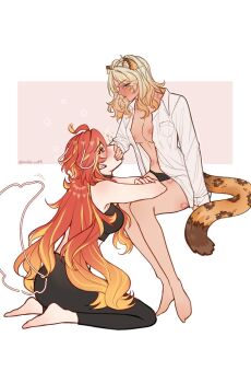 2girls animal_ears barefoot bite_mark bite_mark_on_breast bite_mark_on_thigh black_pants black_sports_bra blonde_hair blush closed_mouth commentary covering_another&#039;s_mouth drawn_tail earrings english_commentary genshin_impact gradient_hair highres jaguar_ears jaguar_girl jaguar_tail jewelry long_hair luluce mavuika_(genshin_impact) multicolored_hair multiple_girls pants pink_background red_hair sitting sports_bra tail two-tone_background white_background xilonen_(genshin_impact) yuri