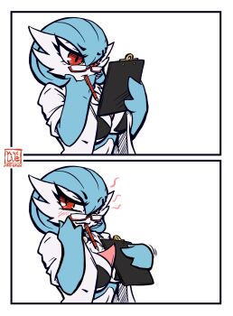 1girl blue_hair blue_skin blush bob_cut breasts clipboard colored_skin commission dr._voir_(nanosheep) gardevoir gen_3_pokemon glasses highres lab_coat multicolored_skin nintendo pen_in_mouth pokemon pokemon_(creature) red_eyes semi-rimless_eyewear simple_background sindraws smile two-tone_skin white_background white_skin