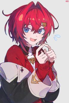 Rule 34 | 1girl, ange katrina, ange katrina (1st costume), black jacket, blue eyes, cardigan, creepyday, crossed bangs, fidgeting, flying sweatdrops, hair between eyes, hair intakes, hair ornament, hands up, hashtag-only commentary, index fingers together, jacket, long sleeves, looking at viewer, looking to the side, medium hair, nervous, nijisanji, off shoulder, open clothes, open jacket, open mouth, red cardigan, red hair, shirt, short hair, simple background, solo, triangle hair ornament, upper body, virtual youtuber, white background, white shirt