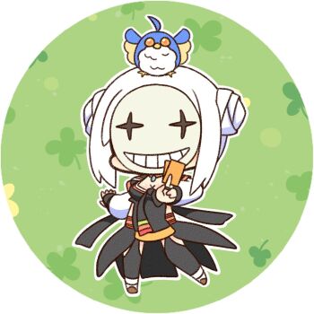 1girl animal animal_on_head between_fingers bird bird_on_head black_shirt black_skirt black_thighhighs breasts canvas_texture chibi chibi_only clothing_cutout clover commentary_request double_bun filir_(ragnarok_online) four-leaf_clover full_body garter_straps goblin_mask hair_bun highres hip_vent holding layered_sleeves long_sleeves mask masked medium_breasts ofuda ofuda_between_fingers on_head ragnarok_online shirt shizukushigure short_hair short_over_long_sleeves short_sleeves skirt solo soul_reaper_(ragnarok_online) standing thighhighs white_background white_hair white_sleeves