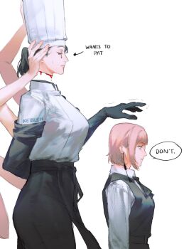 2girls arthropod_limbs artist_name black_hair chainsaw_man chef_hat closed_mouth falling_devil_(chainsaw_man) fami_(chainsaw_man) flat_top_chef_hat fourth_east_high_school_uniform hat highres holding holding_detached_head jewelry keibleh long_hair multiple_girls ringed_eyes school_uniform severed_head shirt sidelocks simple_background upper_body white_background white_shirt yuri