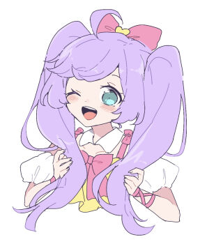 1girl ;d ahoge bow detached_collar hair_bow hands_up highres holding holding_own_hair long_hair looking_at_viewer manaka_laala nojima_minami one_eye_closed open_mouth pink_bow pretty_series pripara purple_hair simple_background smile solo twintails upper_body very_long_hair white_background
