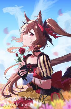 1girl animal_ears blush breasts brown_hair cloud commentary commentary_request field flower flower_field hair_between_eyes hair_ornament happy_birthday highres horse_ears liberty_island_(racehorse) long_hair looking_at_viewer original personification petals red_eyes sky small_breasts smile solo toumyao_neko