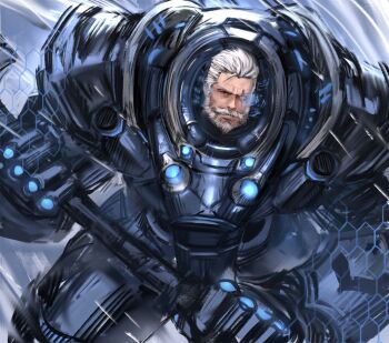 1boy 2018 armor beard blue_armor charging_forward connected_beard dopey_(dopq) facial_hair hammer highres holding holding_weapon huge_weapon mustache old old_man overwatch overwatch_1 power_armor reinhardt_(overwatch) short_hair weapon white_hair