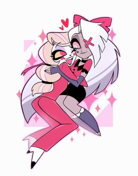 2girls absurdres black_choker black_nails black_skirt blonde_hair bow charlie_morningstar cheek-to-cheek chinese_commentary choker circle_facial_mark closed_mouth collared_shirt colored_sclera colored_skin commentary_request couple curtained_hair dark_skin elbow_gloves fangs fingerless_gloves full_body gloves grey_hair hair_bow hair_over_one_eye hazbin_hotel heads_together hellaverse high_heels highres hug jacket lipstick_mark lipstick_mark_on_face long_hair looking_at_another momomocoooo multi-tied_hair multiple_girls nail_polish one_eye_closed open_mouth pink_sclera purple_gloves purple_socks red_bow red_eyes red_jacket red_shirt shirt shoes short_sleeves simple_background skirt smile socks sparkle vaggie very_long_hair waist_hug white_eyes white_shoes white_skin wing_collar yellow_sclera yuri