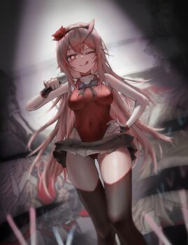 1girl ahoge black_bow black_bowtie black_gloves black_hairband black_skirt black_souls black_souls_2 black_thighhighs bow bowtie choker closed_mouth covered_navel fingerless_gloves gloves hair_between_eyes hairband hand_on_own_hip hand_up highres holding holding_microphone huge_ahoge leotard long_hair looking_at_viewer microphone microskirt one_eye_closed pink_hair prickett_(black_souls) red_choker red_eyes red_leotard skirt smile solo star-shaped_pupils star_(symbol) symbol-shaped_pupils thighhighs tongue tongue_out wrangelina