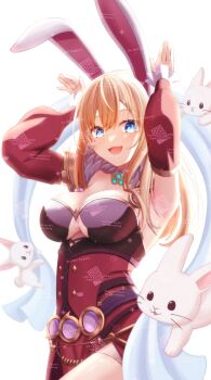Rule 34 | 1girl, animal ears, belt, blonde hair, blue eyes, breasts, brooch, cleavage, commentary request, commission, cowboy shot, detached sleeves, dress, elemental master (ragnarok online), hanakaoka okaka, highres, jewelry, large breasts, long hair, looking at viewer, open mouth, purple belt, rabbit, rabbit ears, rabbit girl, rabbit pose, ragnarok online, red dress, red sleeves, simple background, skeb commission, smile, solo, watermark, watermark grid, white background