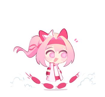 1girl :3 absurdres animal_ears buruma chibi commentary disembodied_foot ear_covers english_commentary flower-shaped_pupils haru_urara_(bestest_prize)_(umamusume) haru_urara_(umamusume) headband highres horse_ears horse_girl jacket open_clothes open_jacket open_mouth pink_eyes pink_hair ponytail red_buruma red_headband shirt simple_background solo symbol-shaped_pupils twitter_username umamusume white_background white_jacket white_shirt zahir_zb7