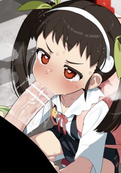 1boy 1girl absurdres backpack bag bar_censor black_hair black_skirt blush bow censored collarbone commentary_request fellatio green_bow hachikuji_mayoi hair_bow hairband heart heart-shaped_pupils hetero highres jitome large_penis large_variant_set loli long_hair miniskirt mizumizuni monogatari_(series) oral paid_reward_available penis pink_bag red_eyes shirt short_sleeves skirt solo_focus squatting star_(symbol) suspender_skirt suspenders sweat symbol-shaped_pupils tearing_up tears twintails v-shaped_eyebrows variant_set veins veiny_penis white_hairband white_shirt