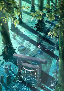 1other absurdres commentary_request day fantasy flood forest from_above from_behind from_side highres japanese_clothes kimono nature original outdoors pink_hair ripples running santo_moco scenery shadow short_hair stone_walkway suggestive_fluid torii tree water white_kimono wide_shot