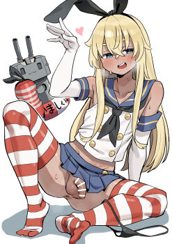 1boy absurdres anus artificial_vagina bar_censor bare_shoulders black_neckerchief black_panties blonde_hair blue_eyes blue_sailor_collar blush bo_(bocky0w0) censored commentary_request dark-skinned_male dark_skin elbow_gloves flaccid full_body gloves heart highres kantai_collection knee_up long_hair male_focus midriff_peek neckerchief on_one_knee open_mouth panties panties_around_leg penis rensouhou-chan sailor_collar sex_toy shimakaze-kun shimakaze_(kancolle) simple_background sleeveless smile solo striped_clothes striped_thighhighs sweat tenga testicles thighhighs thong trap underwear white_background white_gloves