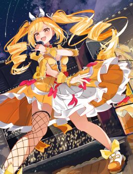 Rule 34 | 1girl, absurdres, asymmetrical legwear, bare shoulders, blonde hair, breasts, brown eyes, commentary request, dancing, detached sleeves, dress, drill hair, frilled dress, frills, hair ribbon, hairband, highres, holding, holding microphone, idol, idol clothes, long hair, medium breasts, microphone, miyako 0, music, open mouth, original, ribbon, singing, single fishnet legwear, single thighhigh, smile, solo, stage, sweat, thighhighs, twin drills, twintails, uneven legwear, white ribbon, wrist cuffs, yellow dress
