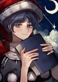 1girl absurdres black_capelet blue_eyes blue_hair book capelet closed_mouth cloud commentary_request crescent_moon doremy_sweet hat highres holding holding_book looking_at_viewer moon nanaironokabi nightcap pom_pom_(clothes) red_hat short_hair smile solo touhou upper_body