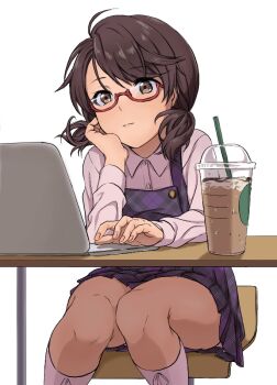 1girl bored brown_eyes brown_hair chair closed_mouth collar computer cup disposable_coffee_cup disposable_cup drink hand_on_own_cheek hand_on_own_face laptop long_sleeves looking_at_screen medium_hair purple_skirt red-framed_eyewear ribbon school_uniform shirt simple_background sitting skirt socks solo swept_bangs touhou toujou_(toujou_ramen) typing usami_sumireko white_background white_collar white_ribbon white_shirt white_socks