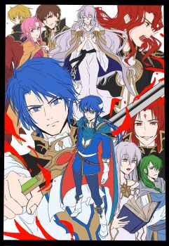 3girls 6+boys arvis_(fire_emblem) black_border blonde_hair blue_eyes blue_hair book border brown_eyes brown_hair cape commentary_request deirdre_(fire_emblem) eldigan_(fire_emblem) ethlyn_(fire_emblem) evil_smile facial_mark fire_emblem fire_emblem:_genealogy_of_the_holy_war flat_color forehead_mark green_eyes green_hair headband highres holding holding_book holding_sword holding_weapon interlocked_fingers julia_(fire_emblem) julius_(fire_emblem) lewyn_(fire_emblem) long_hair multiple_boys multiple_girls nintendo open_mouth own_hands_clasped own_hands_together pink_eyes pink_hair ponytail purple_eyes purple_hair quan_(fire_emblem) red_eyes red_hair seliph_(fire_emblem) short_hair siblings sigurd_(fire_emblem) smile sturm_fe_k11 sword two-sided_cape two-sided_fabric very_long_hair weapon