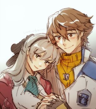 Rule 34 | absurdres, ao no kiseki, black hairband, black headband, brown gloves, brown hair, commentary request, couple, dog tags, eiyuu densetsu, elie macdowell, gloves, hairband, hajimari no kiseki, headband, highres, holding hands, leorlontyan, lloyd bannings, white hair, zero no kiseki