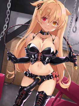 1girl black_gloves blonde_hair bondage_outfit boots breasts chain collar corset dildo dominatrix gin_(shioyude) gloves heterochromia highres holding holding_whip jewelry kantai_collection key latex murasame_(kancolle) navel necklace panties red_eyes sex_toy shiny_clothes solo strap-on thigh_boots underwear whip yellow_eyes