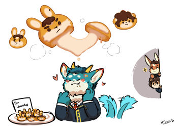 3boys animal_ears artist_self-insert blush character_name chibi chibi_inset claws closed_eyes closed_mouth coat commentary crumbs dragon_boy dragon_ears dragon_horns dragon_tail english_commentary fogue_(xxl) food food_on_face furry furry_male hand_on_own_face heart highres horns kantos_(xxl) leoneal's_workshop lion_boy lion_ears lion_tail looking_at_another male_focus multiple_boys necktie rabbit_boy rabbit_ears red_necktie signature sparkle sweatdrop tail tail_wagging upper_body xxl_woofia