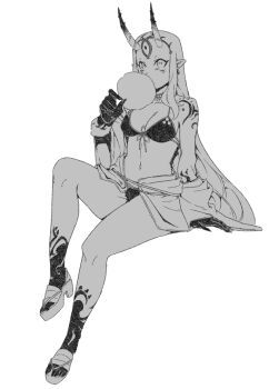 1girl bare_shoulders bikini breasts cotton_candy eating facial_mark fate/grand_order fate_(series) forehead forehead_mark greyscale hair_pulled_back horns ibaraki_douji_(fate) ibaraki_douji_(swimsuit_lancer)_(fate) ibaraki_douji_(swimsuit_lancer)_(first_ascension)_(fate) japanese_clothes kimono long_hair long_sleeves looking_at_viewer minew monochrome navel off_shoulder oni sandals short_kimono sitting small_breasts solo swimsuit tattoo wide_sleeves