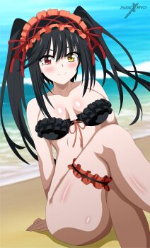 1girl absurdres beach black_hair blush breasts date_a_live heterochromia highres indexryo large_breasts long_hair smile swimsuit tokisaki_kurumi twintails
