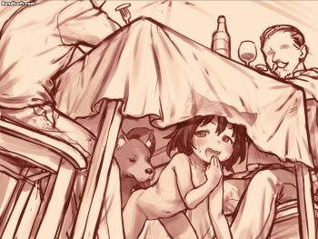 1girl 3boys ? all_fours animal animal_ears animated animated_gif bestiality blush bottle cat_ears cat_girl cat_tail caught chair completely_nude covering_own_mouth cum_inflation dog flat_chest fork inflation kurotsuki_(luowei99) loli monochrome multiple_boys nude one_eye_closed original pants pussy sex sex_from_behind smug squiggle stealth_sex stomach_bulge surprised tail tears tongue tongue_out trembling