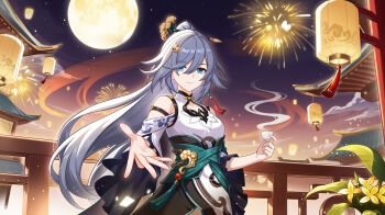1girl absurdres aerial_fireworks architecture blue_eyes breasts chinese_clothes chinese_commentary commentary_request cup dress east_asian_architecture fireworks fu_hua fu_hua_(azure_empyrea) full_moon grey_hair highres holding holding_cup honkai_(series) honkai_impact_3rd lantern lantian_ol long_hair moon night night_sky paper_lantern reaching reaching_towards_viewer sky sky_lantern small_breasts smile solo very_long_hair white_dress