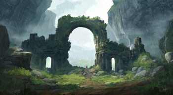 arch architecture cloud cloudy_sky dirt_road fog grass highres landscape moss mountain original painterly path refiend road rock ruins scenery signature sky stairs sunlight valley