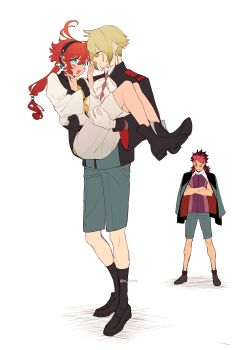 1girl 2boys absurdres aqua_eyes ascot black_footwear black_hairband blonde_hair blush brown_hair carrying closed_eyes crossed_arms crossed_wrists earrings elan_ceres full_body gloves grey_shorts guel_jeturk gundam gundam_suisei_no_majo hair_between_eyes hairband highres hinamori_(m_nmy01) jacket jacket_on_shoulders jewelry long_sleeves looking_at_another low_ponytail medium_hair multi-tied_hair multicolored_hair multicolored_jacket multiple_boys open_mouth pink_hair ponytail princess_carry purple_shirt red_hair sequential shirt short_hair short_hair_with_long_locks shorts sidelocks standing suletta_mercury tassel tassel_earrings toned toned_male twitter_username two-tone_hair white_ascot white_background white_gloves white_jacket white_shorts