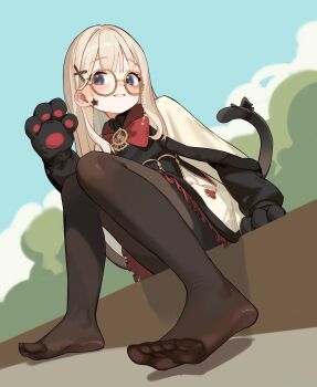 1girl absurdres animal_hands black_bow black_pantyhose blonde_hair bow capelet feet from_below glasses gloves grey_eyes hair_ornament highres long_sleeves looking_at_viewer no_shoes original pantyhose paw_gloves red_bow round_eyewear sitting skirt smile solo tail tail_bow tail_ornament toes white_capelet x_hair_ornament yunjuice