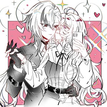 2girls ahoge alternate_costume antenna_hair arlecchino_(genshin_impact) artist_self-insert belt blue_eyes cellphone closed_mouth coat collared_coat collared_dress collared_shirt commentary_request commission commissioner_insert couple dress fingernails genshin_impact glint hand_on_another's_hip hand_up hands_up heart highres holding holding_hands holding_phone huge_ahoge inaterayukiha kiss kissing_cheek long_sleeves looking_at_another looking_down looking_to_the_side mixed-language_commentary monochrome multicolored_eyes multicolored_hair multiple_girls oc_x_canon open_clothes open_coat open_mouth original partially_colored phone red_pupils sharp_fingernails shirt sitting sitting_on_person smartphone star_(symbol) streaked_hair symbol-shaped_pupils x-shaped_pupils x_x yuri