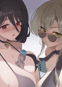 2girls bikini black_bikini black_choker black_hair black_one-piece_swimsuit blonde_hair blue_archive blush brown-tinted_eyewear cellphone choker closed_mouth collarbone commentary_request embarrassed gradient_background hasumi_(blue_archive) hasumi_(swimsuit)_(blue_archive) highres multiple_girls nagisa_(blue_archive) nagisa_(swimsuit)_(blue_archive) official_alternate_costume one-piece_swimsuit open_mouth paizuri phone red_eyes sejin smartphone sunglasses swimsuit tinted_eyewear upper_body yellow_eyes