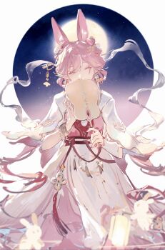 1girl animal_ears chinese_clothes chinese_commentary closed_eyes commentary_request dress elysia_(hi_love_elf)_(honkai_impact) elysia_(honkai_impact) facing_viewer hair_ornament highres holding honkai_(series) honkai_impact_3rd horse_ears kemonomimi_mode lantern long_hair moon night paper_lantern pink_hair pointy_ears purple_sky qqqne sky solo variant_set white_background white_dress