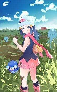 1girl beanie black_hair black_shirt black_socks boots cloud commentary_request dawn_(pokemon) day gen_2_pokemon gen_4_pokemon grass hair_ornament hairclip hand_up hat highres holding kneehighs kneepits long_hair looking_back mud nintendo outdoors pink_boots pink_skirt piplup pokemon pokemon_(creature) pokemon_dppt quagsire scarf shirt skirt sky sleeveless sleeveless_shirt socks standing valentine_(02140314c) wooper