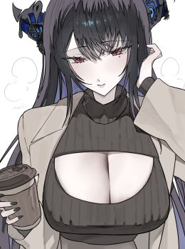 1girl absurdres alternate_costume asymmetrical_horns black_hair black_nails black_sweater blue_hair blush breasts brown_coat brown_jacket cleavage closed_mouth coat coffee colored_inner_hair cup demon_horns disposable_coffee_cup disposable_cup drink ewn flower hair_ornament highres holding holding_cup holding_drink hololive hololive_english horn_flower horns jacket large_breasts long_hair long_sleeves looking_at_viewer mole mole_under_eye multicolored_hair nerissa_ravencroft red_eyes ribbed_sweater shirt simple_background solo steam sweater turtleneck turtleneck_sweater two-tone_hair uneven_horns very_long_hair virtual_youtuber white_background winter_clothes