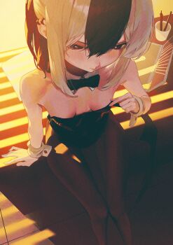 1girl absurdres black_bow black_bowtie black_hair black_leotard black_pantyhose blue_archive blush bow bowtie breasts closed_mouth commentary dated_commentary demon_girl demon_horns demon_wings detached_collar ear_piercing from_above hair_between_eyes highres horns kayoko_(blue_archive) leotard medium_hair multicolored_hair pantyhose piercing rifu002 single_wing sitting small_breasts solo strapless strapless_leotard two-tone_hair white_hair wings wrist_cuffs
