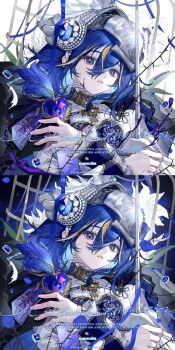 Rule 34 | 1girl, absurdres, blood, blue blood, blue eyes, blue feathers, blue flower, blue gem, blue hair, blue ribbon, blue rose, cage, commission, eyelashes, feathers, fingernails, flower, frills, gem, hair between eyes, helmet, highres, injury, juzi doubanjiang, lips, long hair, long sleeves, looking at viewer, mihuashi commission, multicolored hair, original, parted lips, pearl (gemstone), ribbon, rose, sidelocks, streaked hair, thorns, upper body, watermark