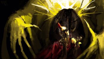 armor claws cloak crown d3rlord3 dying eldritch_abomination galea_helmet giant hands_up hashtag-only_commentary highres hood hood_up hooded_cloak impaled knight niy0ki open_hands reaching reaching_towards_another red_cloak searching_for_a_world_that_doesn&#039;t_exist size_difference the_king_in_yellow_(searching_for_a_world_that_doesn&#039;t_exist) upper_body yellow_cloak