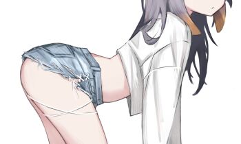 1girl absurdres akarinnndesu ass bent_over blue_shorts closed_mouth cropped_shirt denim denim_shorts eyes_out_of_frame gradient_hair head_out_of_frame highres hololive hololive_english long_sleeves micro_shorts midriff multicolored_hair ninomae_ina&#039;nis orange_hair purple_hair shirt shorts simple_background solo tentacle_hair thighs virtual_youtuber white_background white_shirt