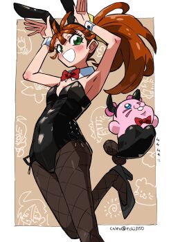 Rule 34 | 1girl, 1other, absurdres, animal ears, armpits, arms up, black leotard, blue eyes, blush, border, bow, bowtie, breasts, brown hair, chieo, commentary request, detached collar, fake animal ears, fishnet pantyhose, fishnets, green eyes, headband, high heels, highres, kururun (precure), leg up, leotard, long hair, looking at viewer, natsuumi manatsu, nontraditional playboy bunny, pantyhose, playboy bunny, ponytail, precure, rabbit ears, red bow, red bowtie, seal (animal), signature, small breasts, strapless, strapless leotard, translation request, tropical-rouge! precure, twitter username, watermark, whiskers, white border, wrist cuffs