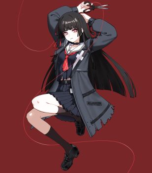 1girl arm_behind_head arms_up artpatient belt black_belt black_hair black_jacket black_shirt black_shoes black_skirt black_socks bright_pupils chisa_(wuthering_waves) closed_mouth collarbone commentary dot_nose full_body hair_ribbon highres holding holding_scissors jacket kneehighs loafers long_hair long_sleeves looking_at_viewer mole mole_under_eye neckerchief open_clothes open_jacket pink_eyes red_background red_neckerchief ribbon sailor_collar scissors shirt shoes simple_background skirt socks solo torn_clothes torn_jacket torn_shirt white_pupils white_sailor_collar wuthering_waves