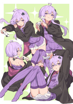 1girl black_jacket border controller dress game_controller green_background halterneck highres jacket long_hair looking_at_viewer low_twintails multiple_views playing_games playing_video_games purple_eyes purple_hair purple_thighhighs ribbed_dress ribbed_thighhighs short_dress simple_background smile thighhighs twintails voiceroid white_border yamamomo_(plank) yuzuki_yukari