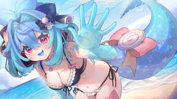 1girl beach bikini black_bow blue_hair blue_tongue bow breasts cleavage colored_tongue fang fins fish_tail gunjou_row hair_bow hair_intakes highres indie_virtual_youtuber jewelry lazuli_(vtuber) navel necklace ocean open_mouth pink_bow purple_eyes scales second-party_source shadow side-tie_bikini_bottom smile solo swimsuit tail tail_bow tail_ornament virtual_youtuber