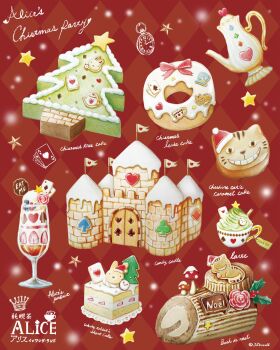 cake cake_slice cappuccino christmas cup food food_focus fruit gingerbread_house highres icing no_humans original parfait saku_sakuraba16 strawberry strawberry_slice yule_log_(cake)