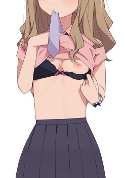 1girl black_bra bra bra_pull bracelet breasts brown_hair clothes_lift clothes_pull collared_shirt gridman_universe gridman_universe_(movie) head_out_of_frame highres jewelry lifting_own_clothes long_hair medium_breasts minami_yume morisobo mouth_hold necktie nipples one_breast_out pink_shirt pleated_skirt pulling_own_clothes purple_necktie shirt shirt_lift short_sleeves simple_background skirt solo underwear white_background