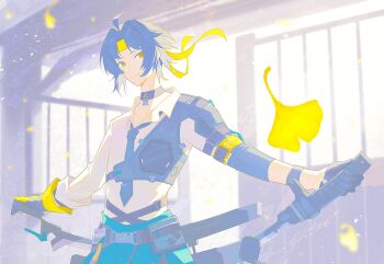 1boy absurdres armor asaba_harumasa black_choker black_hair black_necktie choker closed_mouth clothes_around_waist commentary_request falling_leaves headband highres holding holding_sword holding_weapon leaf looking_to_the_side male_focus necktie parted_bangs shirt short_hair shoulder_armor solo sword weapon white_shirt yellow_eyes yellow_headband zenless_zone_zero zeroartwo