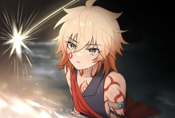 1boy aged_down arm_tattoo armlet black_tank_top blonde_hair braid chest_tattoo daegyeon facial_tattoo gradient_hair hashtag-only_commentary honkai:_star_rail honkai_(series) jewelry male_focus medium_hair multicolored_hair mydei_(a_trail_of_bygone_blood)_(honkai:_star_rail) mydei_(honkai:_star_rail) partially_submerged red_hair red_tattoo solo tank_top tattoo wet wet_hair yellow_eyes