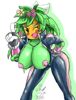 1girl blaster_master_zero breasts breasts_out cleavage colored_skin green_skin highres huge_breasts kanna_(blaster_master_zero) nipples plant viejillox