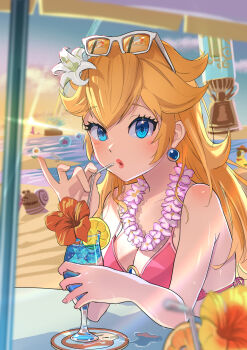 1girl absurdres beach bikini bird blonde_hair blue_eyes breasts bubblainian cleavage commentary_request drink drinking drinking_straw earrings eyewear_on_head flower flower_necklace food fruit glasses gushen hair_flower hair_ornament hibiscus highres holding holding_drink jewelry kurere1202 lei lemon lemon_slice lily_(flower) lips long_hair looking_at_viewer mario_(series) mario_kart mario_kart_tour medium_breasts necklace nintendo ocean official_alternate_costume outdoors pink_flower princess_peach princess_peach_(swimwear) red_flower rocket_flower_(mario) sand snail sphere_earrings sunlight super_mario_odyssey swimsuit table talkatoo_(mario) tropical_drink water white_flower white_lily yellow_flower